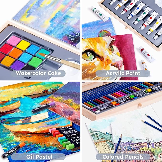 Supplies, Art Kit with Easel and Acrylic Pad, Art Set for Teens, Adults and Artist Beginners, Creative Gift Box with Wooden Case,