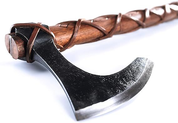 fully functional. The axe head is secured using a wedge and pin technique favored by true weapons makers and blacksmiths. Viking Battle Axe with 1095 Carbon Steel Axe Head