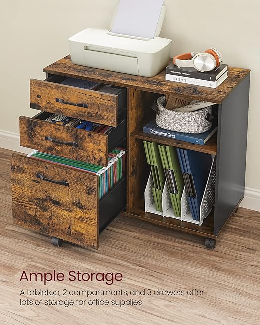 keeping your files organized in one place and easy to access, Cabinet, Home Office Printer Stand, with 3 Drawers and Open Storage Shelves, for A4, Letter-Size Documents,