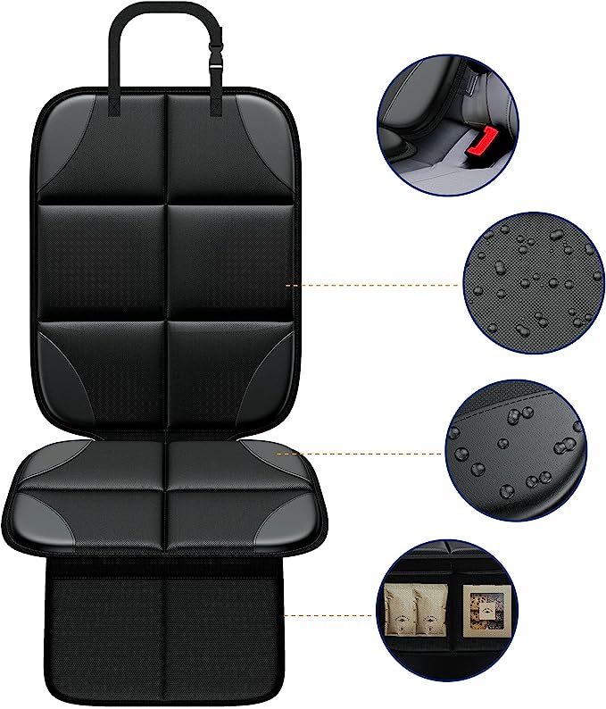 2 Pack Large Size Coverage and 2 Storage Pockets, Seat Protector, ultra-durable car seat cover set are HIGH temperature resistance, they will not melt even in hot weather, So you don't worried it stained your leather or fabric seat!
