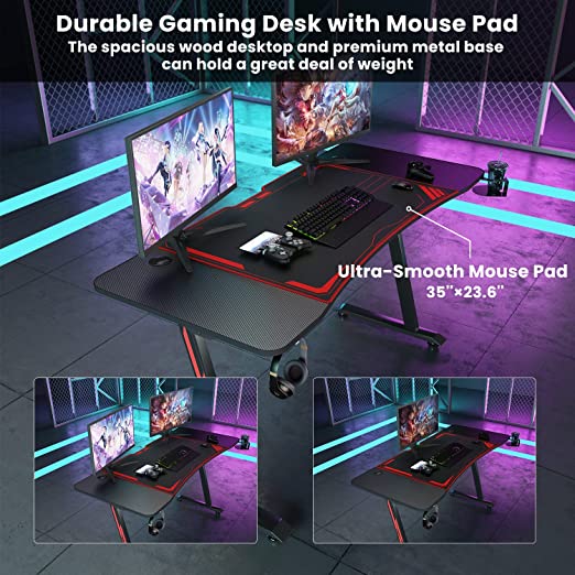 Z-Shaped Computer Gaming Desk Extra PC Desk Mouse Pad with Cable Hook
