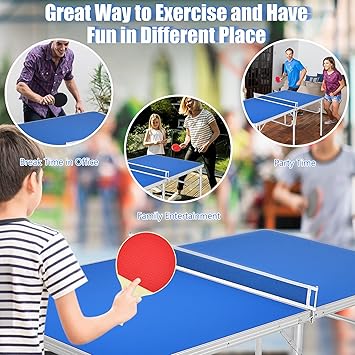 the solid metal frame and non-slip foot pads ensure a firm standing on the ground,  Folding Ping Pong Table Game Set with Net, 2 Table Tennis Paddles and Ping Pong Balls