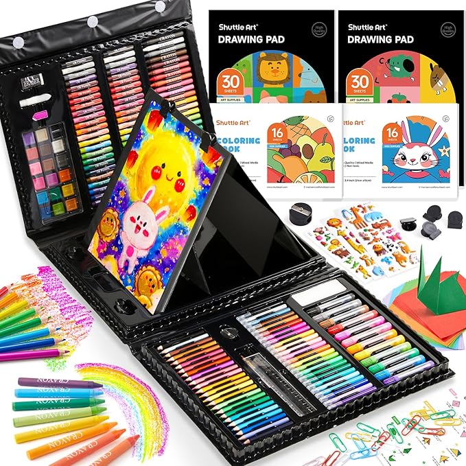 Piece Kids Art Set, Multi-Media Art Supplies, Gift Art Kit with Trifold Easel, 2 Drawing Pads, 2 Coloring Books, Oil Pastels, Crayons, Watercolors