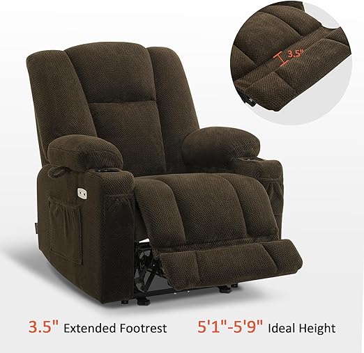 Chair with Heat and Massage, Cup Holders, USB Ports, Extended Footrest,USB charging ports help to keep your electronic devices powered without leaving the recliner's comfort,