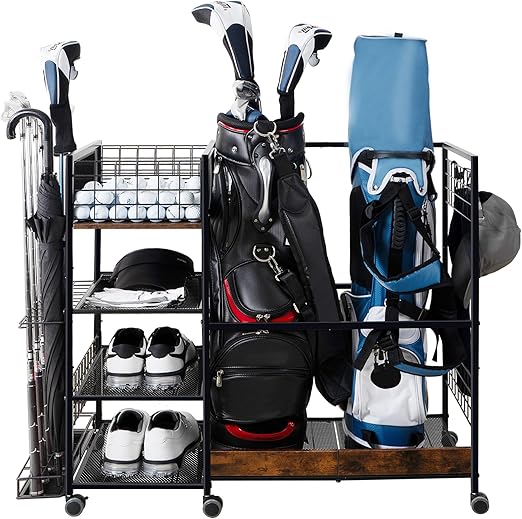 Two of the wheels can be locked to ensure stability and safety in its desired position.Rack for 2 Golf Bags, Golf Storage Organizer for Garage, Sports Equipment Organize,