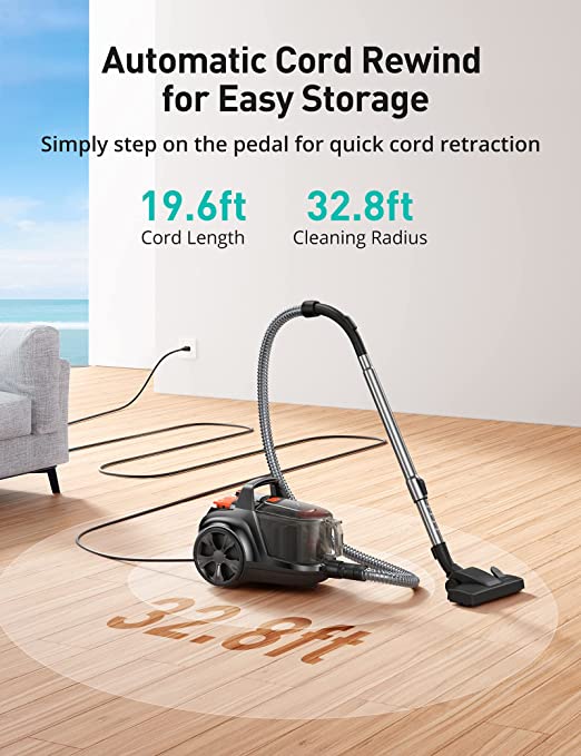1200W Lightweight Bagless Vacuum Cleaner, 3.7QT Large Dust Cup, Automatic Cord Rewind