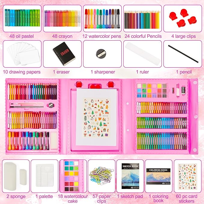 Dream Gift for Mothers of Two Kids: This art set is absolutely amazing and comes fully loaded with lots of painting drawing colouring items. 290 Pack Art Set Crafts, Double-Side Drawing Coloring Easel, Oil Pastels, Crayons,
