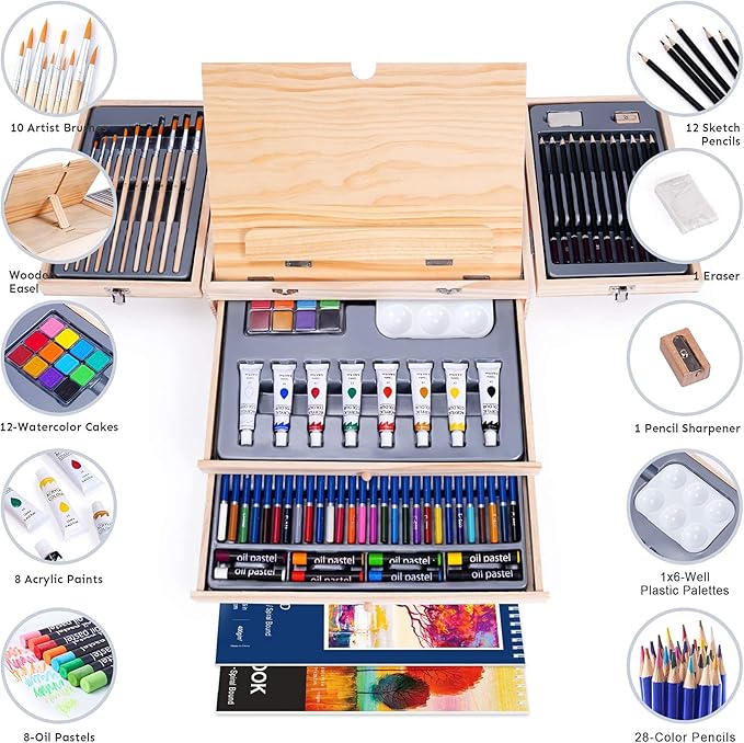 Supplies, Art Kit with Easel and Acrylic Pad, Art Set for Teens, Adults and Artist Beginners, Creative Gift Box with Wooden Case,