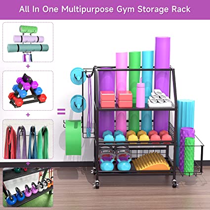 Wheels and Hooks,Dumbbell Rack,  Yoga Mat Storage Racks Equipment Organizer