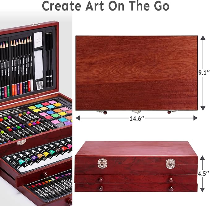 Art Set with 2 Drawing Pads, Acrylic Paints,Crayons,Colored Pencils,Paint Set in Wooden Case,Professional Art Kit,Art Supplies for Adults,Teens and Artist,Paint
