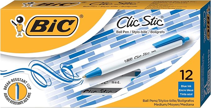 BIC Clic Stic ball point pens write the first time, every time with very reliable performance in the office, at the home,  Retractable Ballpoint Pens, Medium Point (1.0mm), Blue, Perfect For School and Office Supplies,