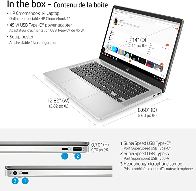 HP Chromebook, AMD 3015Ce Processor, AMD Radeon Graphics, 4 GB RAM, 64 GB eMMC Storage, Chrome, (14a-nd0010ca, 2021 Model)