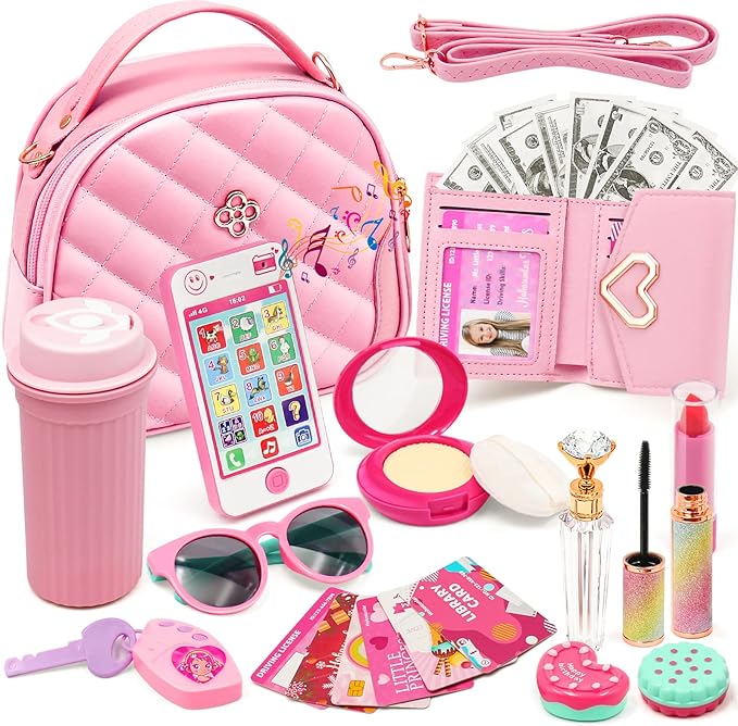 fashionista happy: a Wallet holds Play Cash (x25 pieces) and x6 uniquely designed Play Cards (Driving License etc, Little Girl Purse Accessories, Toddler Girl Princess Toy Cell Phone Pretend Makeup Handbag Wallet Sunglasses Keys Credit Card Water Bottle