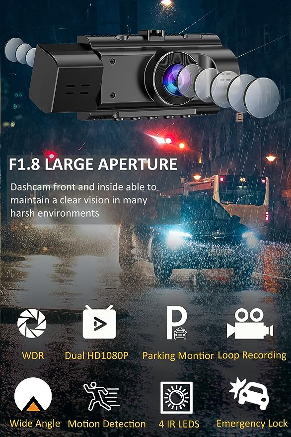 Cam Front and Inside FHD 1080P, night Vision Car Camera Driving