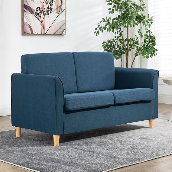 Equipped with two generously sized seat cushions and two plush back cushions,  Loveseat Sofa, Upholstered 2-Seater Couch with Armrests and Wooden Legs for Living Room