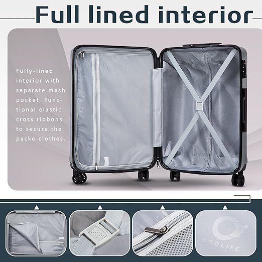 Sliver, 3 Piece Set Coolife Luggage Expandable Suitcase PC+ABS with TSA Lock Spinner 20in24in28in, design on the upper part increases toughness for the luggage.