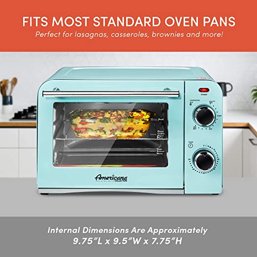 Elite Gourmet Americana ETO1200BL# Vintage Diner 50’s Retro Countertop Toaster Oven, 1300W, Bake, Broil, Toast, with Temperature Control 60-Minute Timer, Fits 9” Pizza, 4 Slice, Retro Blue