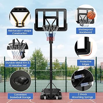 This basketball hoop for outdoor can be adjusted into 10 different heights,Grip-and-Pull 4.6-10 Ft Height Adjustable Basketball Goal with 44