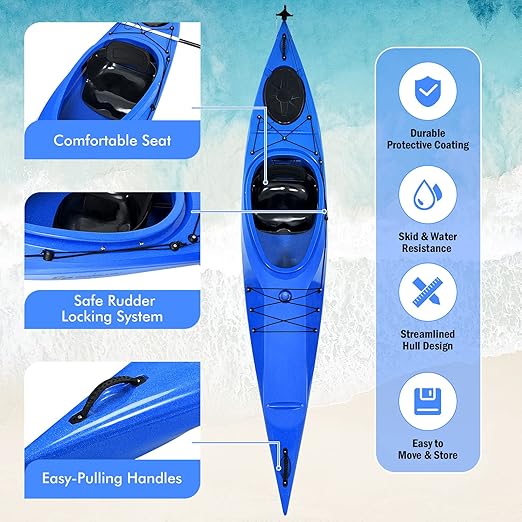 durable keel on the bottom which can add stability in the water while effectively reducing the air and water resistance, Detachable Rudder, Storage Bin, Cup Holder, Single 12 FT Sit-in Kayak Blue