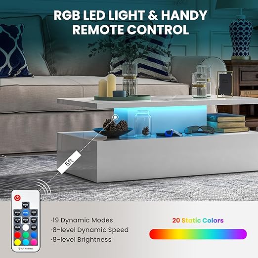 2-Tier Rectangle Living Room Center Table w/Open Shelf, 20-Color LED Lights,  Modern High Gloss Coffee Table