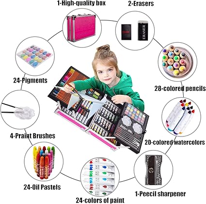 Art Supplies with 2 Sketch Pads, Deluxe Art Set Crafts Aluminum Box, Colored Pens, Pencils, Oil Pastels, Painting Drawing Coloring Gift for Artists Kids