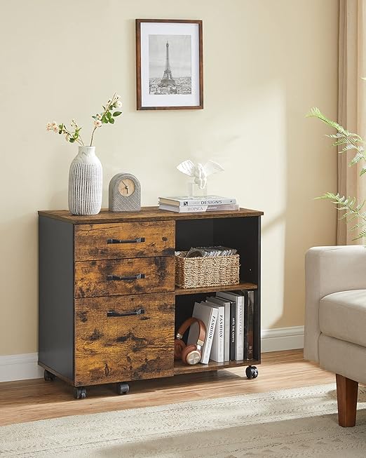 keeping your files organized in one place and easy to access, Cabinet, Home Office Printer Stand, with 3 Drawers and Open Storage Shelves, for A4, Letter-Size Documents,