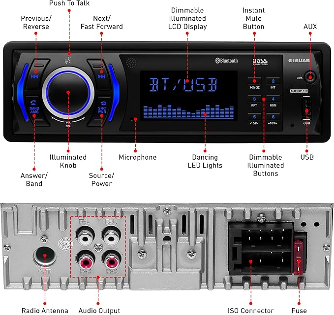 picks up your voice and your car speakers let you hear the person on the other side, Single Din LCD, Bluetooth Audio and Calling, Built-in Microphone, MP3 Player, WMA, USB, Auxiliary Input, AM/FM Radio Receiver