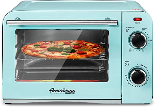 Elite Gourmet Americana ETO1200BL# Vintage Diner 50’s Retro Countertop Toaster Oven, 1300W, Bake, Broil, Toast, with Temperature Control 60-Minute Timer, Fits 9” Pizza, 4 Slice, Retro Blue