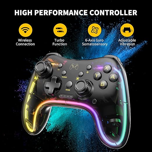 plus 3 different light modes building your own exclusive gaming ambiance, Controller Compatible with Switch/Lite/OLED,Wireless Switch Controller Support 6-Axis Gyro, Turbo/Vibration