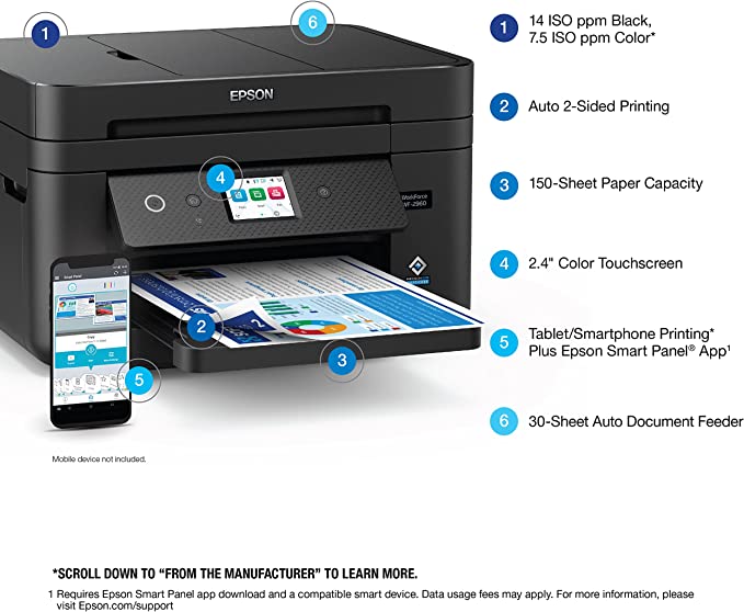 Epson Workforce WF-2960 Wireless All-in-One Printer with Scan, Copy, Fax, Auto Document Feeder, Automatic 2-Sided Printing, 2.4