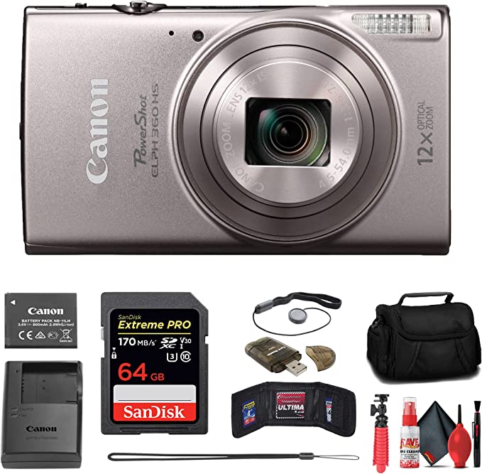 Canon PowerShot ELPH 360 HS Digital Camera (Silver) (1078C001) + 64GB Memory Card + Case + Card Reader + Flex Tripod + Memory Wallet + Cap Keeper + Cleaning Kit