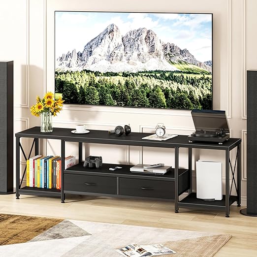 this TV stand ensures secure and stable support for your TV, providing peace of mind and reliability, Entertainment Center and Industrial TV Console Table with Open Storage Shelves for Living Room