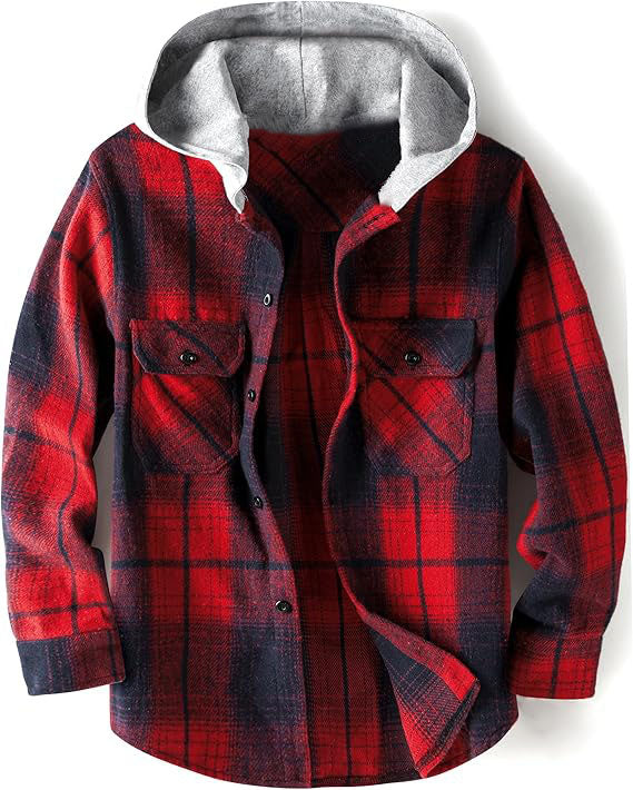 boys button-front shirt. stylish hooded collar shirt, fashionable style, regular fit, classic plaid pattern, double button cuffs, long sleeve design, button-down closure, two button-flap chest pocket, rounded hem.
