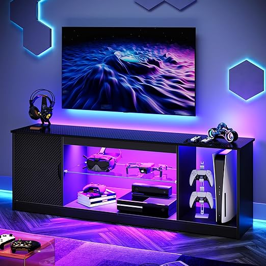 allow to place other game gear, like game controllers, Xbox, Nintendo Switch, speakers,etc. Gaming Entertainment Center with Cabinet for PS5, Modern TV Console with Adjustable Glass Shelf for Living Room Bedroom