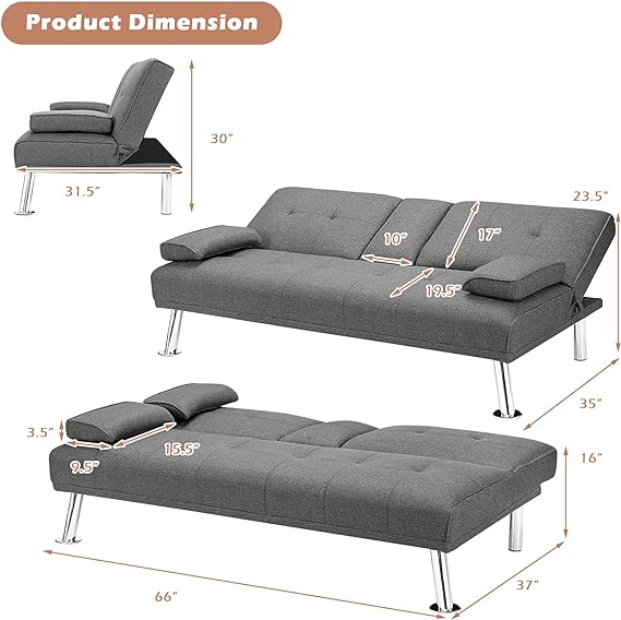 sofa bed is soft to the touch, creating a comfortable lounge area for family and friends.Removable Armrests, Foldable Cup Holders, Breathable Linen Fabric, High-resilience Sponge, Ideal for Studio Living Room Apartment,