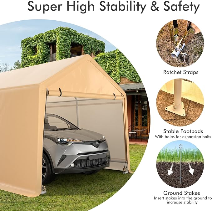 All Season Car Canopy for all typs of  cars, Portable Garage with Roll Up Removable Doors,  10.5ft x 17 ft x 9.2ft (L x W x H)