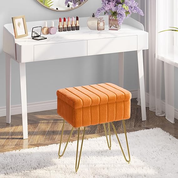 footstool with just the right height and it can also be a storage basket that can be moved anywhere. 4 Metal Legs with Anti-Slip Feet, Furry Padded Seat, Modern Multifunctional Chairs for Makeup