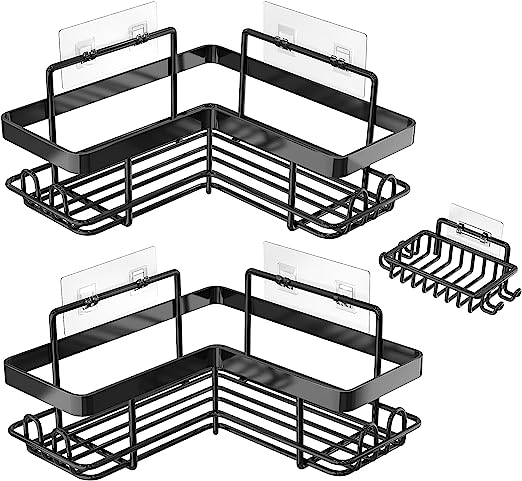 3 Pack Adhesive Rustproof Shower Shelves with 8 Hooks, No Drilling Metal Storage Shelf Shower Rack, Wall Mounted Bathroom Organizer for Inside Shower (Black)
