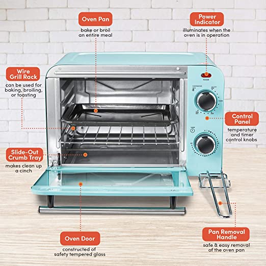 Elite Gourmet Americana ETO1200BL# Vintage Diner 50’s Retro Countertop Toaster Oven, 1300W, Bake, Broil, Toast, with Temperature Control 60-Minute Timer, Fits 9” Pizza, 4 Slice, Retro Blue