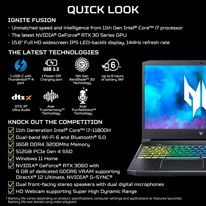 Acer Predator Helios 300 PH315-54-760S Gaming Laptop | Intel i7-11800H | NVIDIA GeForce RTX 3060 Laptop GPU | 15.6