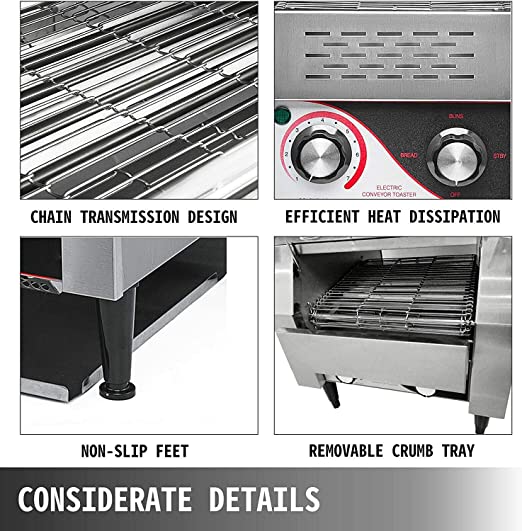 VEVOR Commercial Conveyor Toaster, 150 Slices/Hour, 1340W Stainless Steel Heavy Duty Industrial Toasters w/ 7 Speed Options, Countertop Electric Restaurant Equipment for Bun Bagel Bread Baked Food
