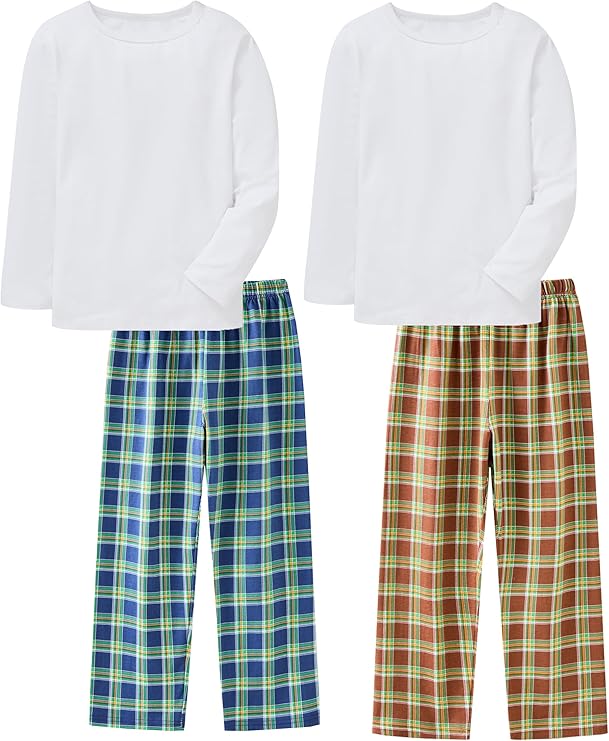 Wide elasticated collar and adjustable waistbands allow independent dressing, boosting little ones' self-care confidence, Cotton Sleepwear White Top Checkered Pants Nightwear