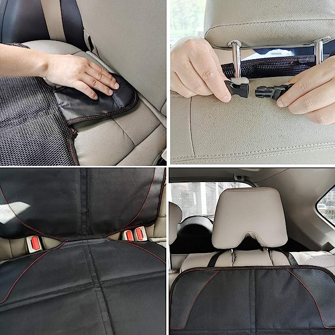2 Pack Black car seat protector made with enhanced waterproof 600D polyester fabric material, easy to install and remove .no need to spend much time on cleaning works, You just prepare a damp cloth, stains can be wiped off easily.