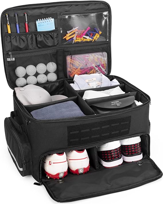 The top pocket is designed to your golf tees, scorecards, towels. The side mesh pocket holds your golf gloves,Golf Trunk Organizer Storage with Separate Compartment for 2 Pair Shoes