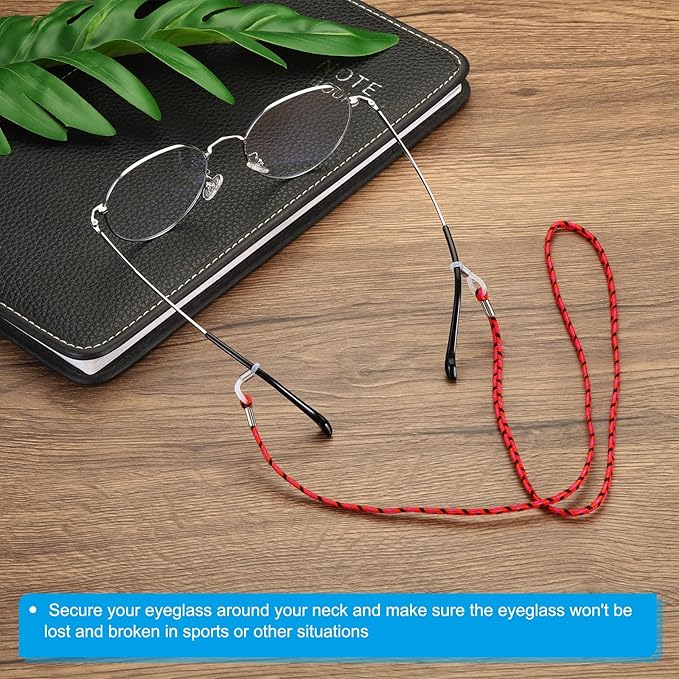 eyeglass chain cords end. 2. Slide the buckles down, let the eyeglass arms get through the hole of the lanyard. 3. Slide the buckles up,
