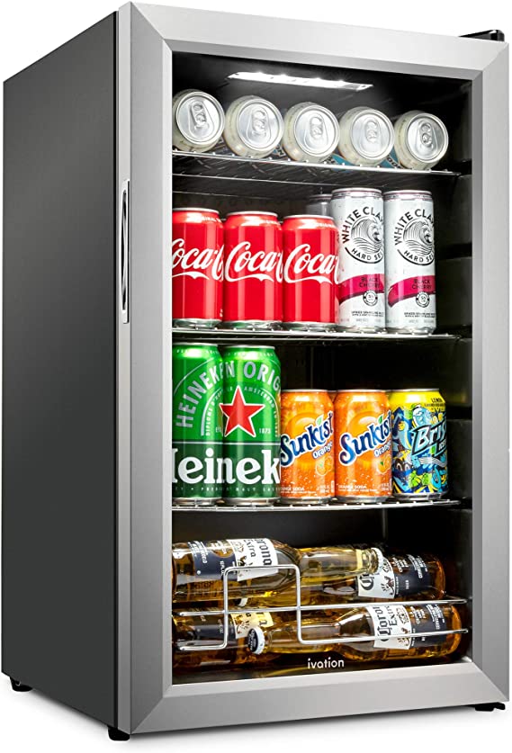 101 Freestanding Ultra Cool Mini Drink Fridge | Beer, Cocktails, Soda, Juice Cooler for Home & Office | Reversible Glass Door & Adjustable Shelving