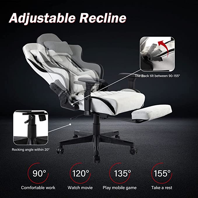 Chair Gaming Seat Lumbar Support w/Footrest Headrest white
