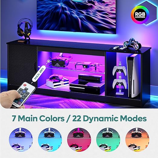 allow to place other game gear, like game controllers, Xbox, Nintendo Switch, speakers,etc. Gaming Entertainment Center with Cabinet for PS5, Modern TV Console with Adjustable Glass Shelf for Living Room Bedroom