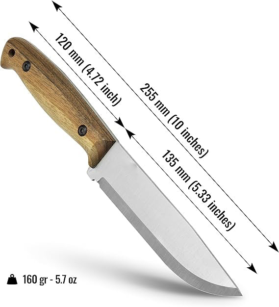 The handle of the knife is made of walnut wood, coated with Danish oil, which allows this tourist knife to be resistant to moisture and dirt  Fixed-Blade Carbon Steel Knife with Leather Sheath and Firestarter Camping