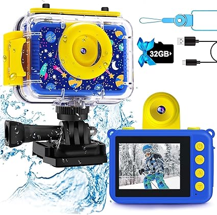 providing effective anti-fall protection. Your kids can capture amazing pictures up to 30 meters (100 feet) underwater.  Kids Waterproof Camera - Underwater Camera Birthday Gifts for Girls Boys Children Digital Action Camera with 32GB SD Card